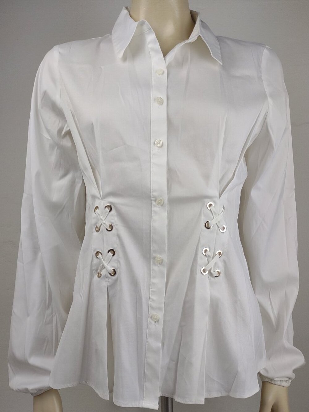 NWT White House Black Market WHBM white corset lace up button up blouse Medium